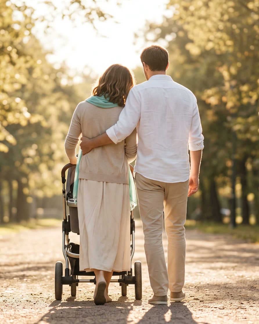 Pareja paseando de espaldas con el carrito del bebé por un parque al atardecer